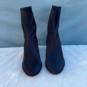 EUC Badgley Mischka Womens Size 8 Martine Satin Block Heel Sock Boot Rhinestones